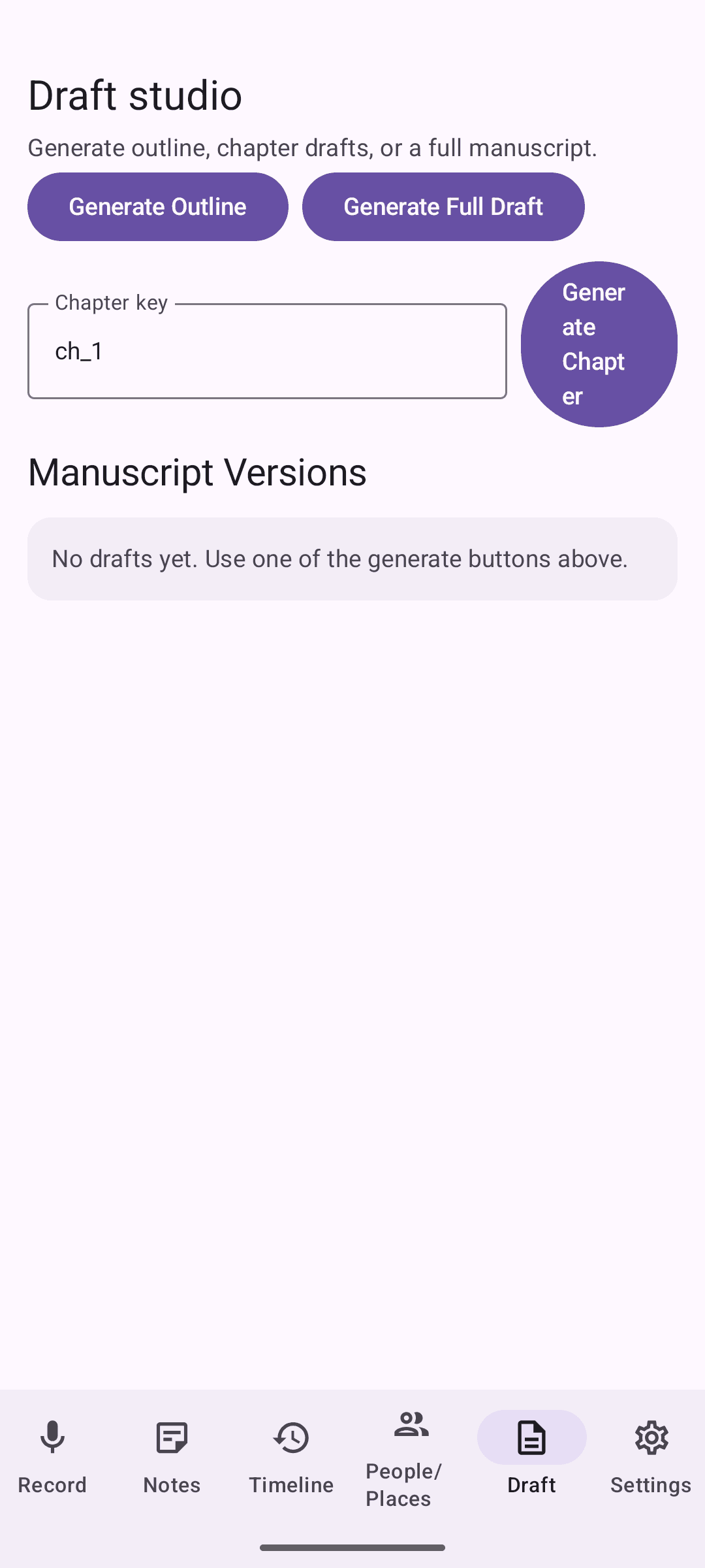 LifeStory app draft generation screen