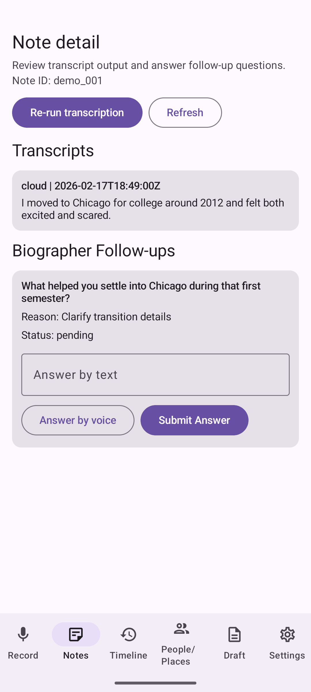 LifeStory app note detail and transcript screen